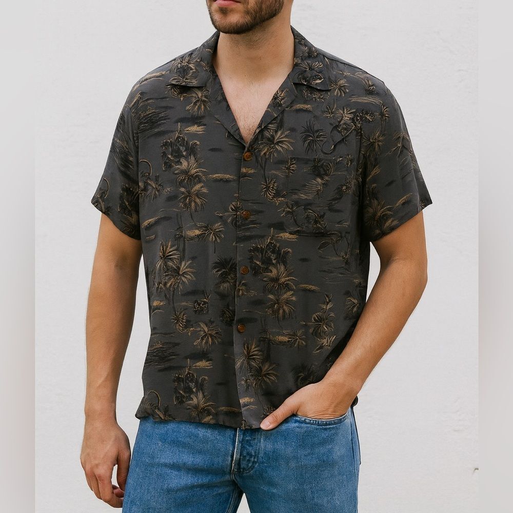 Vintage Two Palms‎ Black and Gold Palmtree Hawaiian Camp Shirt, M